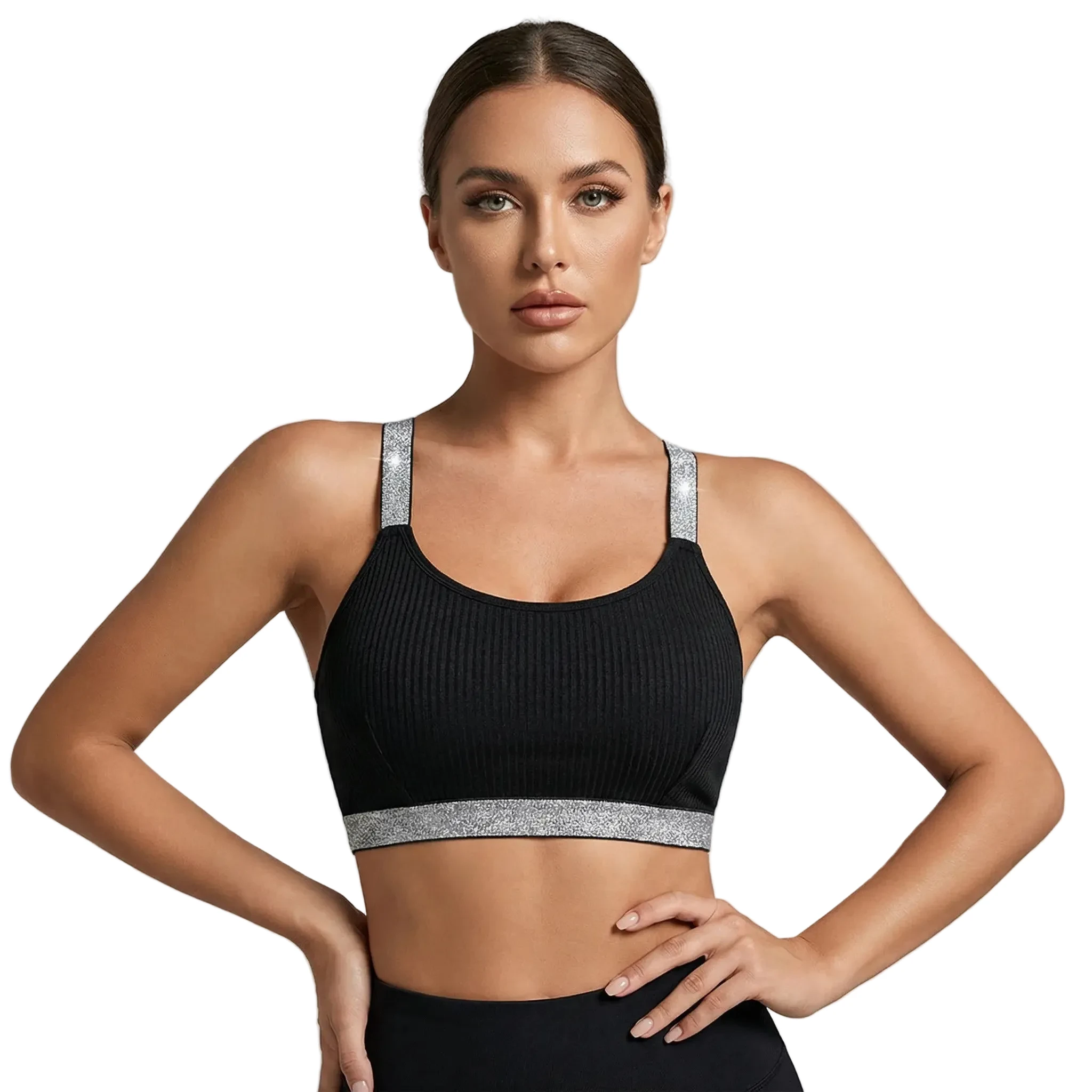 Schwarzes, geripptes Push-up-Bralette mit offenem Rücken und silbernen Trägern