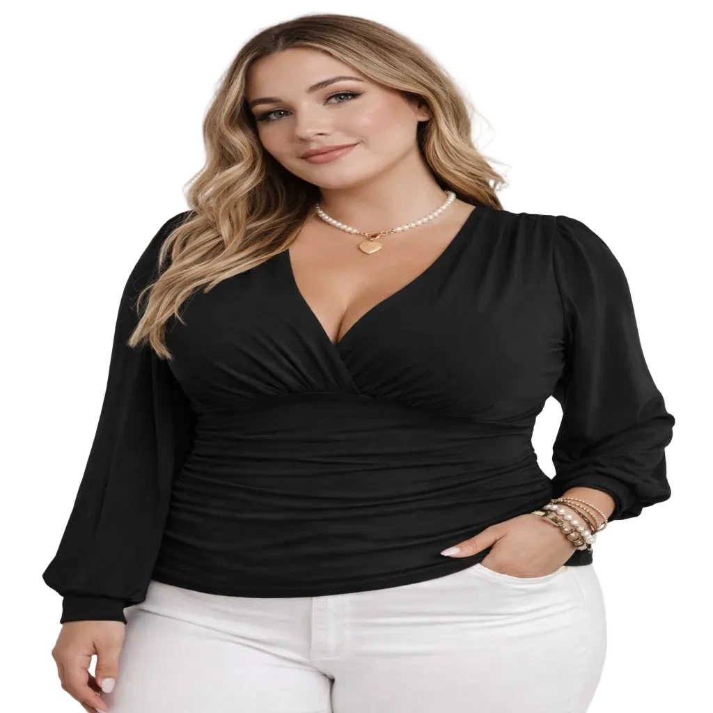 Türkisfarbene, bedruckte Langarmbluse aus Polyester