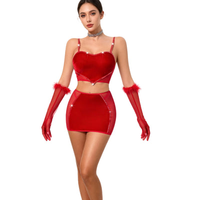 Léa's Secrets – Red velvet outfit with short skirt and gloves – Clara