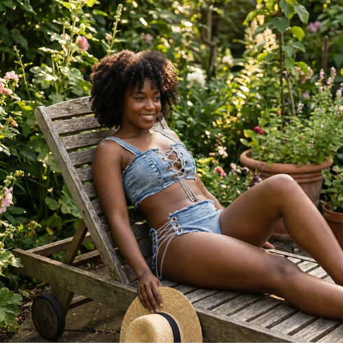 Maillot de bain deux pièces denim Jenna LSDLBoutique, haut à lacets argentés et bas à chaînes sur les côtés