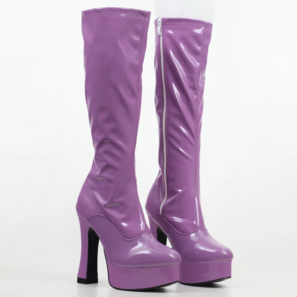 Damen-Kniestiefel mit dickem Absatz, Plateau, Western-Stil, Leder