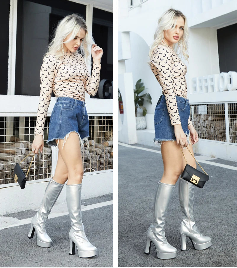 Damen-Kniestiefel mit dickem Absatz, Plateau, Western-Stil, Leder