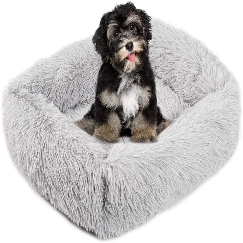 Square Plush Dog Bed, Washable, Duck Blue, Sizes XS to XL