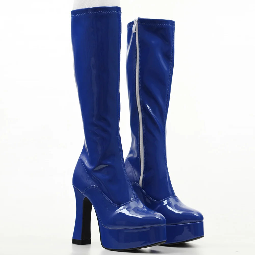 Damen-Kniestiefel mit dickem Absatz, Plateau, Western-Stil, Leder