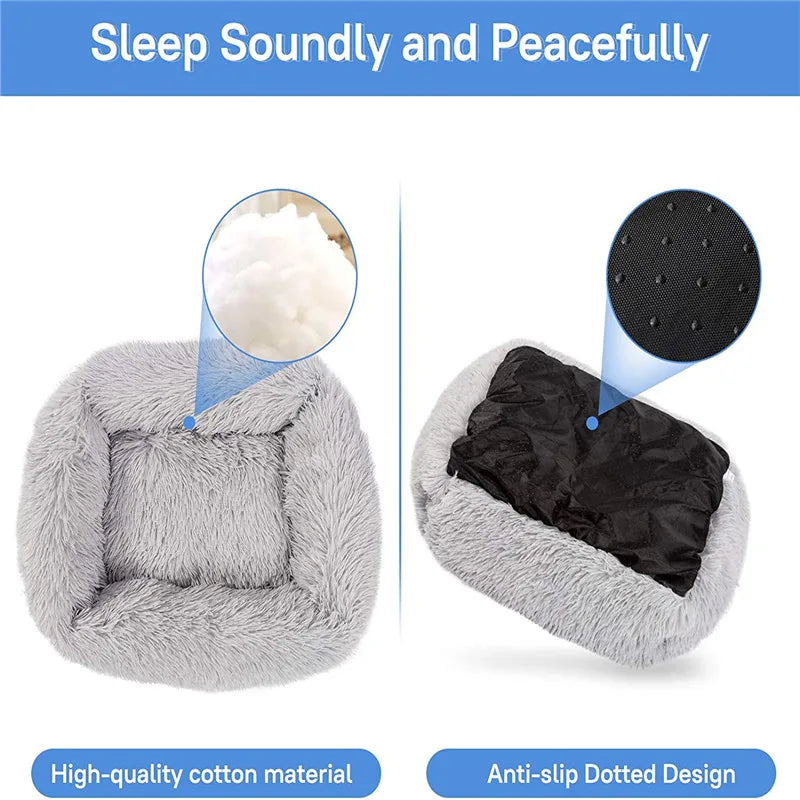 Square Plush Dog Bed, Washable, Duck Blue, Sizes XS to XL