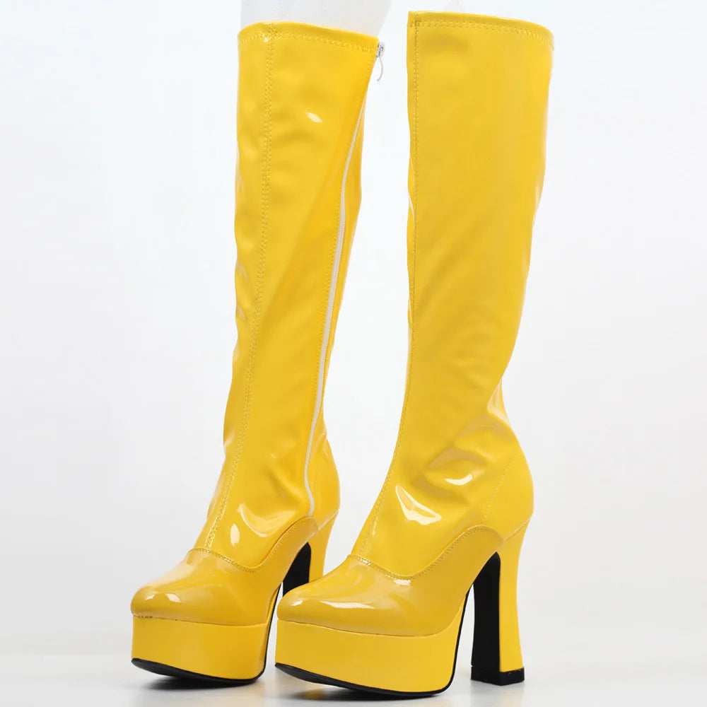 Damen-Kniestiefel mit dickem Absatz, Plateau, Western-Stil, Leder