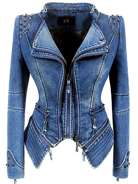 SX Veste Denim Gris Femme Moto Rivets Fermeture Éclair