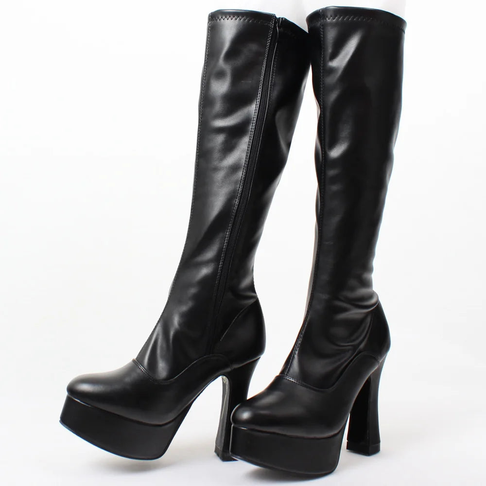 Damen-Kniestiefel mit dickem Absatz, Plateau, Western-Stil, Leder