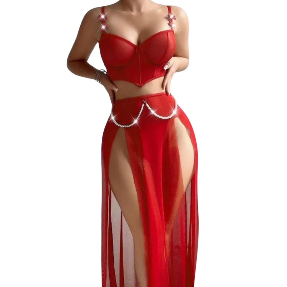 Daisy Ensemble Lingerie Glamour Rouge Corset Structuré Avec Jupe Fluide Et Chaîne Délicate by Les Secrets de Léa