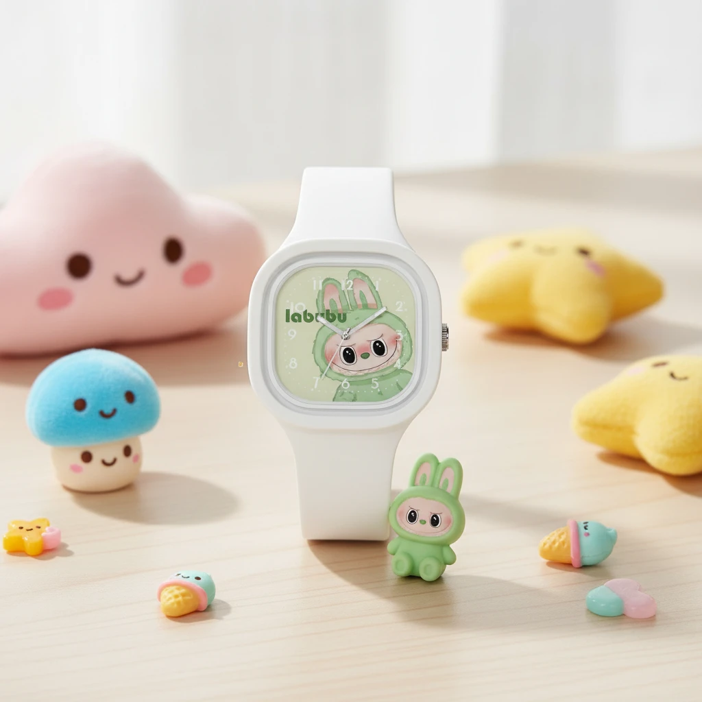 Montre quartz bracelet silicone Mon Labubu cadran vert pastel avec personnage