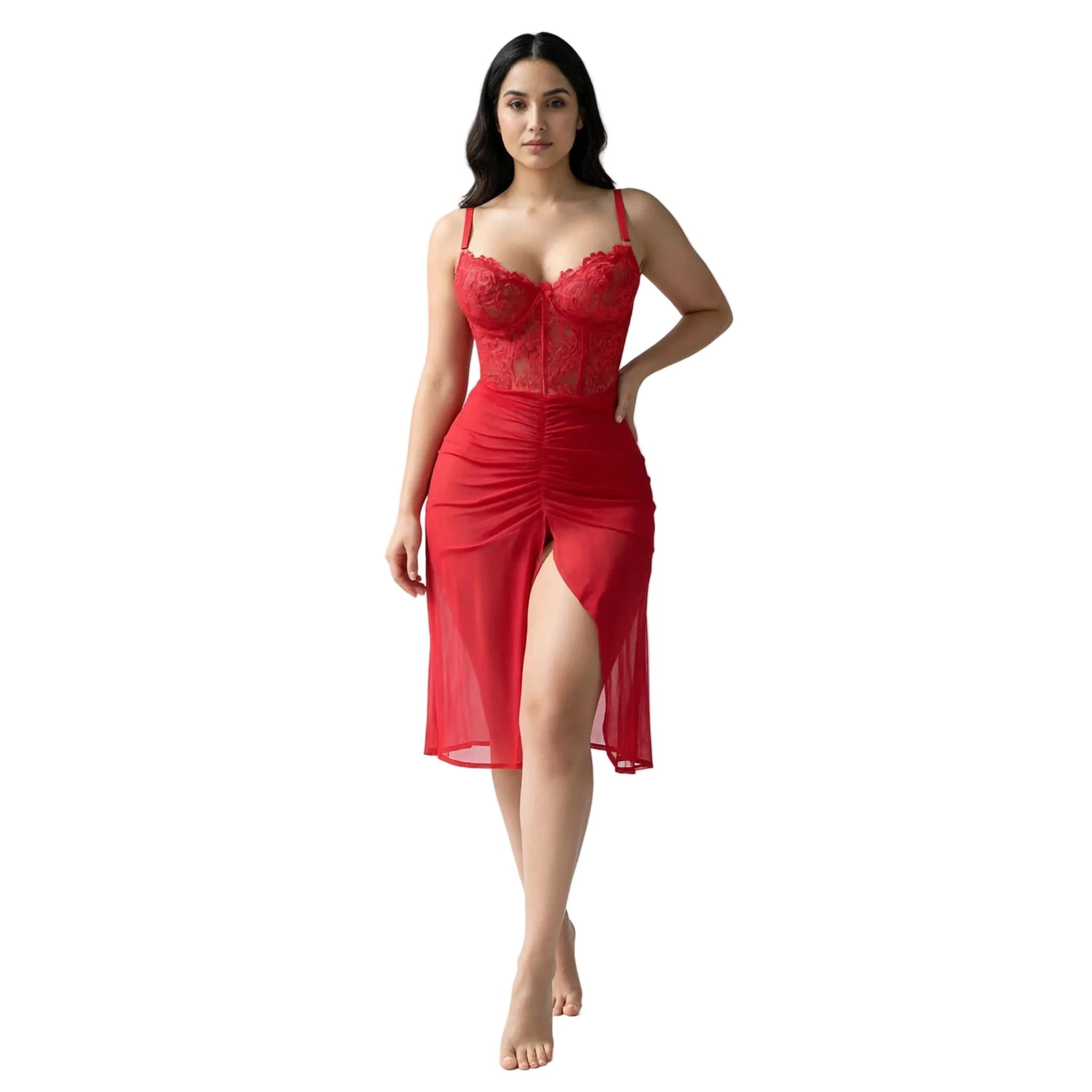 Léas Geheimnisse – Set aus Spitze und plissiertem Netzstoff mit transparentem String – Oriannah