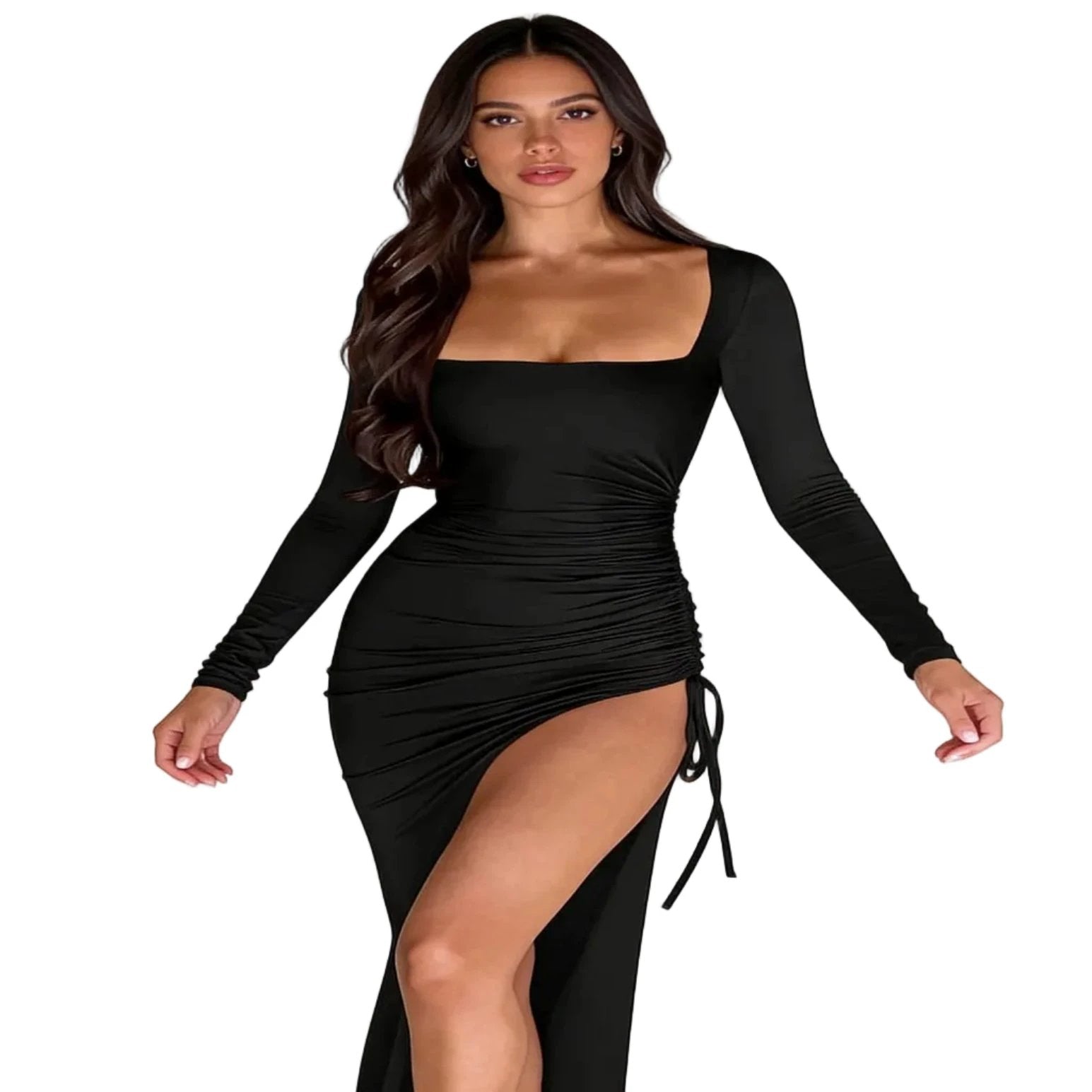 Elegantes schwarzes langes Kleid mit gerafftem eckigem Ausschnitt