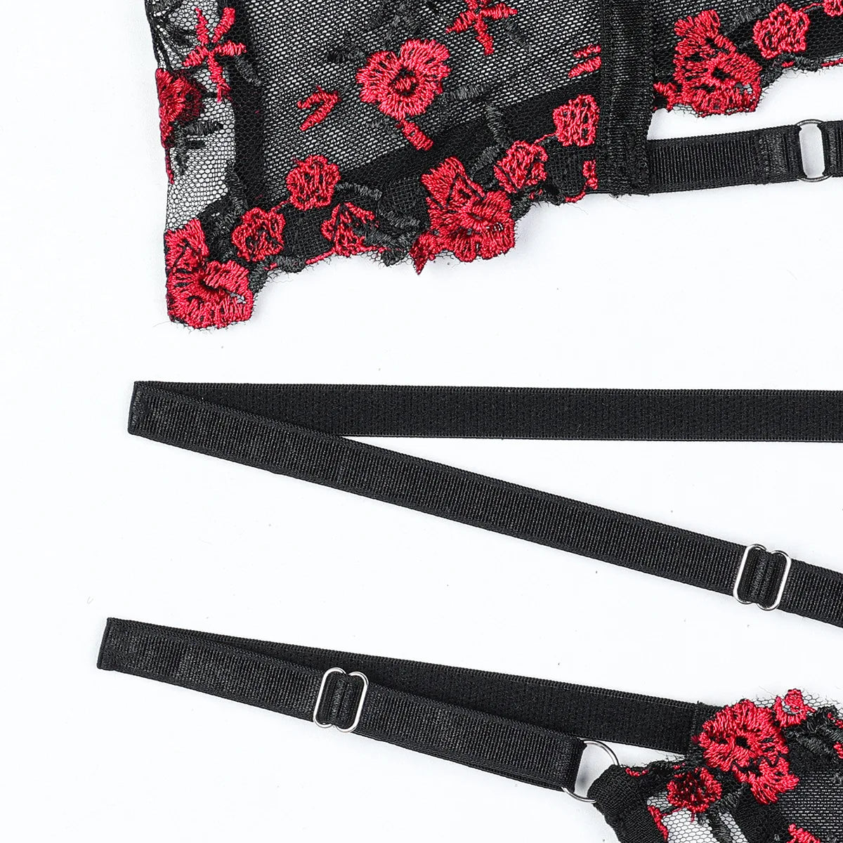 Diccvicc Korsett-Set mit floraler Spitze, Bandagen-Dessous, Schwarz Rot