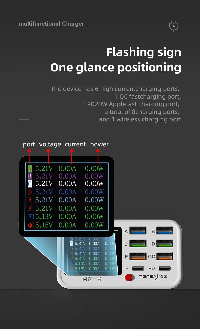 Tensa Station De Charge USB Sans Fil 8 Ports Qi PD