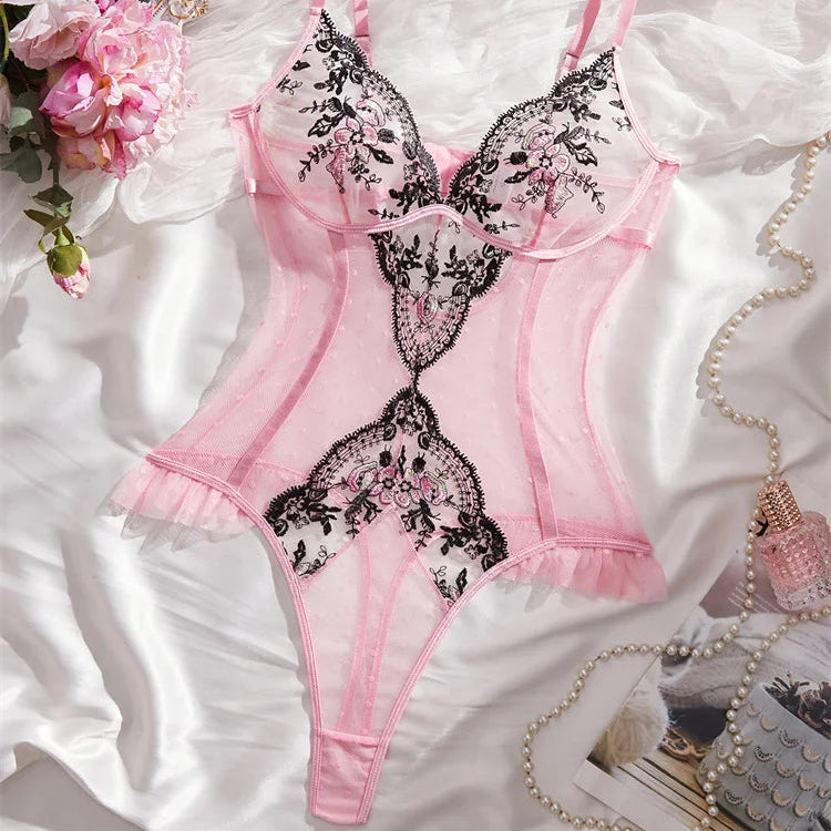 Rosa Dessous-Body mit floraler Stickerei – figurformender Mesh ohne Ärmel