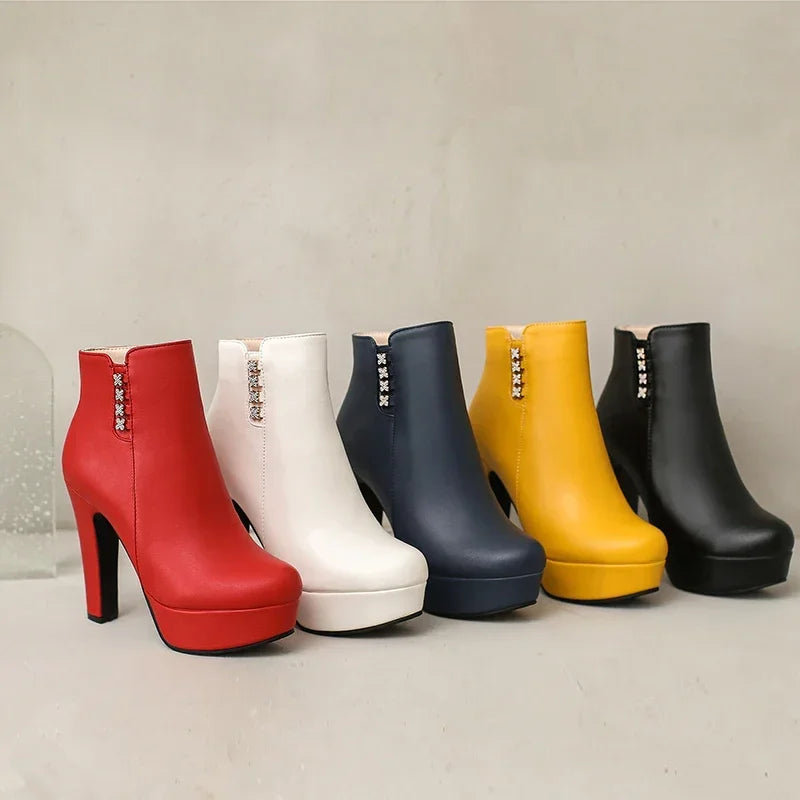 Damen-Stiefeletten mit Kristallblumenmuster, hohem Absatz und Reißverschluss für den Winter