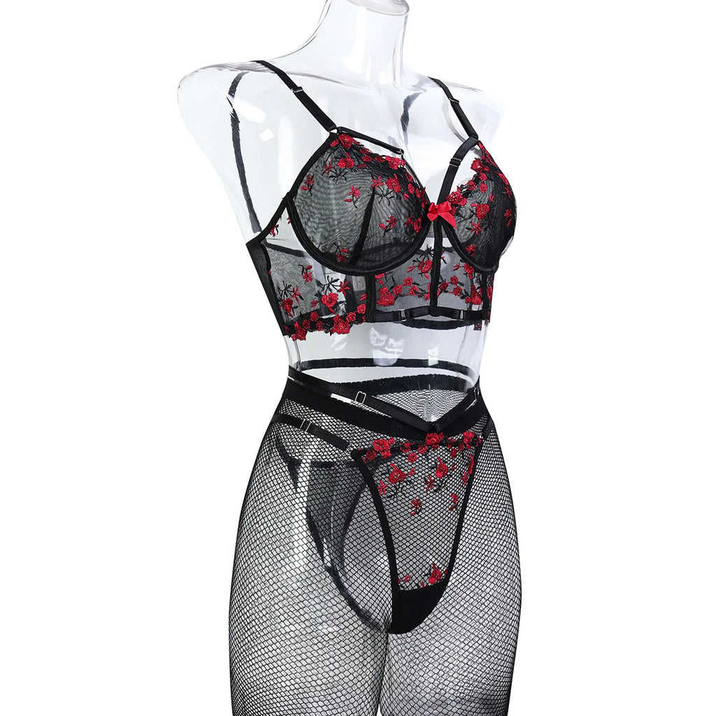 Diccvicc Korsett-Set mit floraler Spitze, Bandagen-Dessous, Schwarz Rot