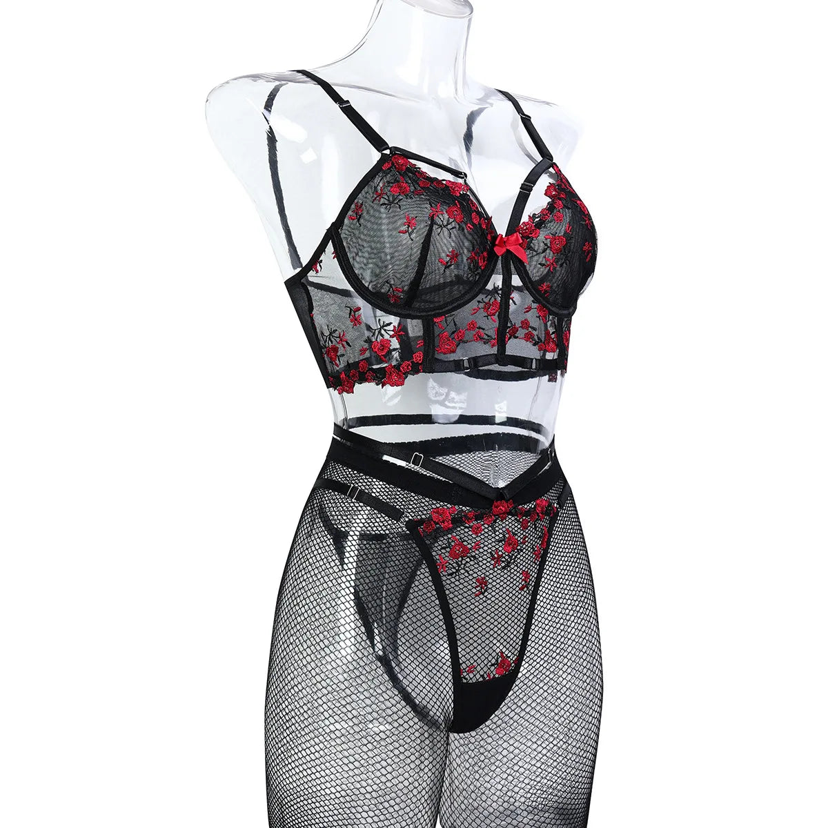 Diccvicc Korsett-Set mit floraler Spitze, Bandagen-Dessous, Schwarz Rot