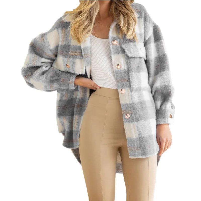 Manteau Plaid Mohair Laine Épais Femme Automne Hiver