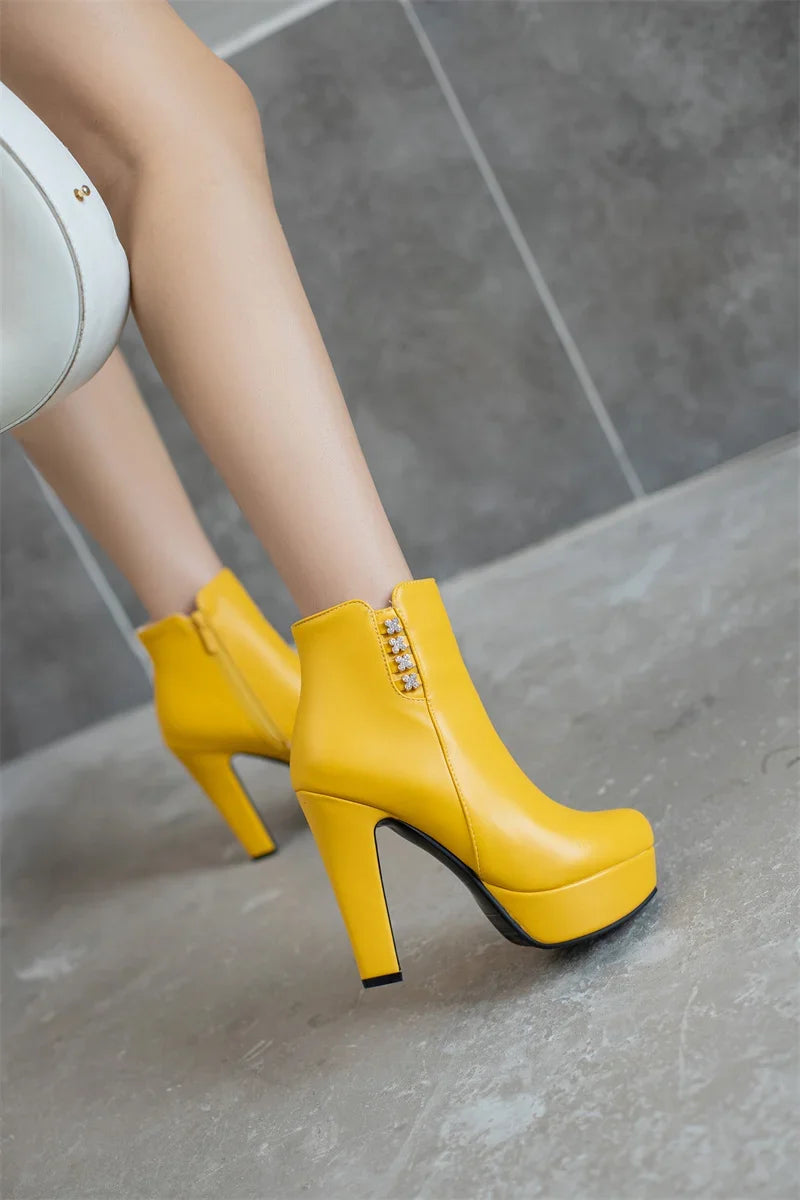 Damen-Stiefeletten mit Kristallblumenmuster, hohem Absatz und Reißverschluss für den Winter