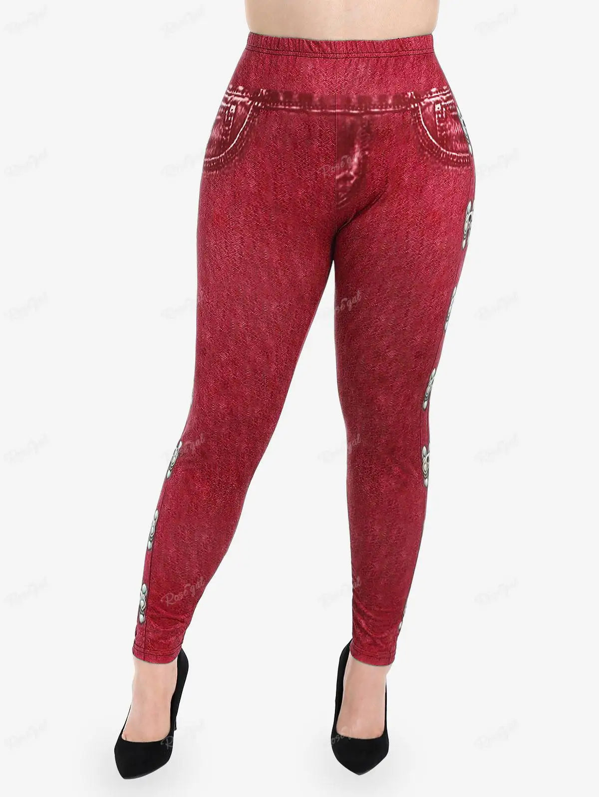 Gothic Leggings in Übergröße 5XL, bedruckte Schnallen, 3D-Reißverschluss, Pink