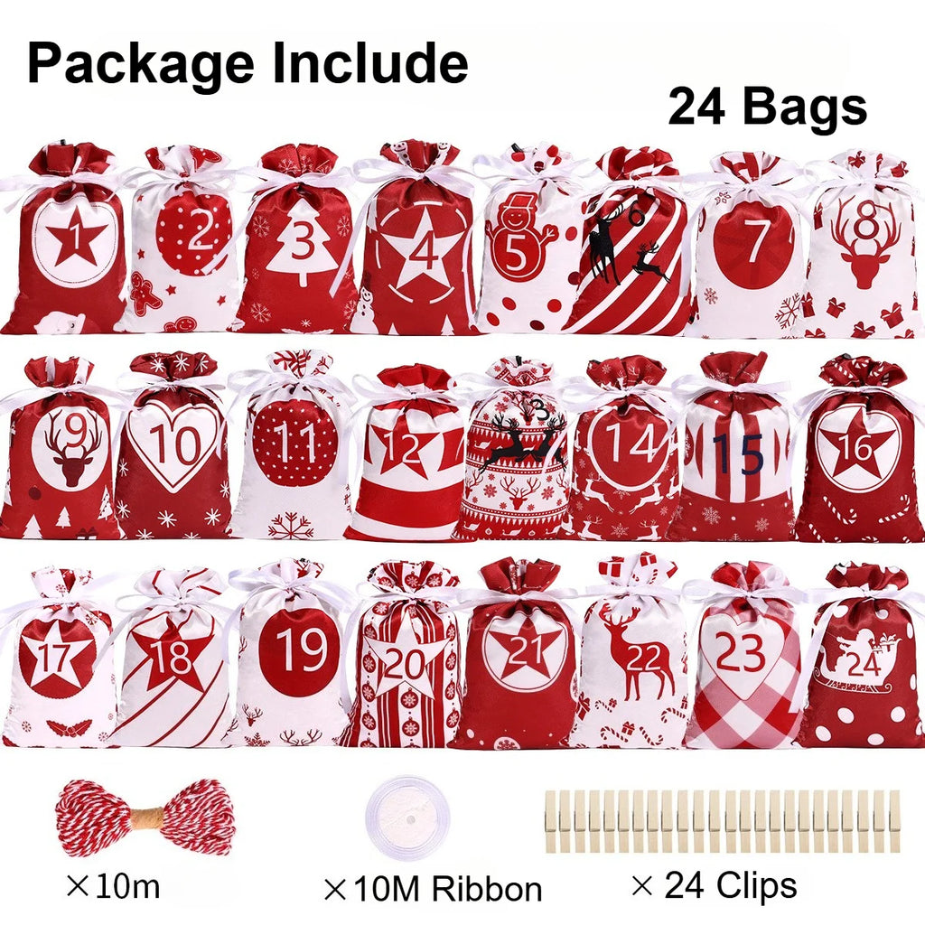 Sac De Calendrier De Noël 24 Jours 50 Pièces En Satin Lisse Avec Cordon Teint Par Couleur Pour Bonbons Et Cadeaux by LSDLBoutique.ch