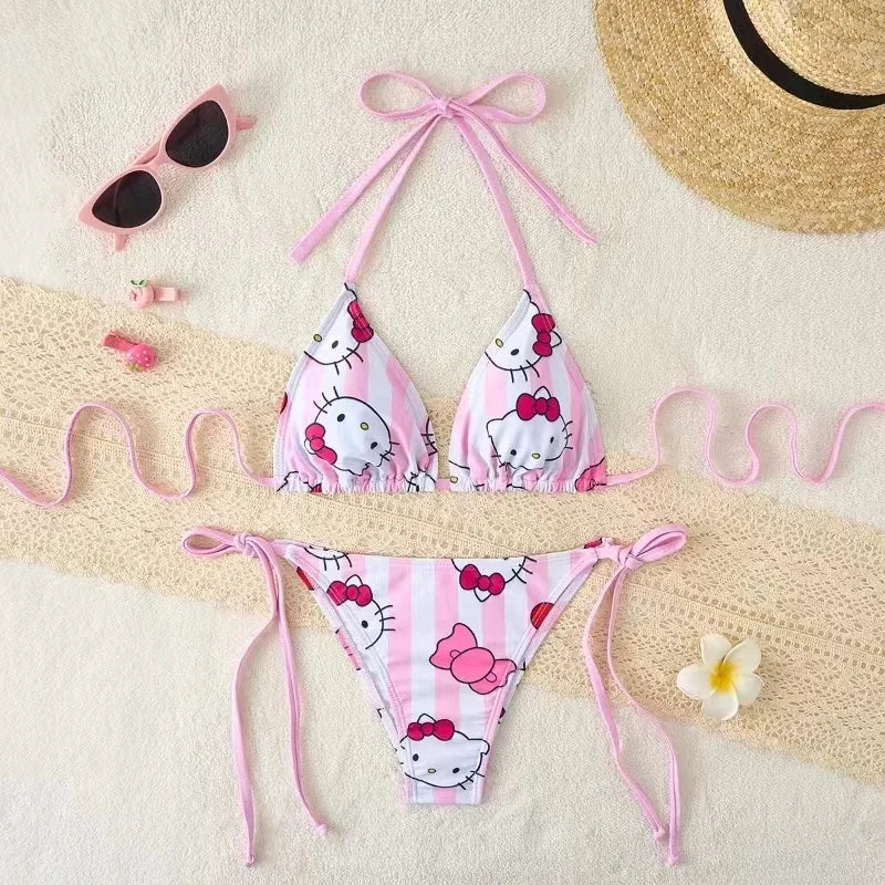 Kawaii Cosplay Two-Piece Bikini with Cat Print – Kuromi Y2K