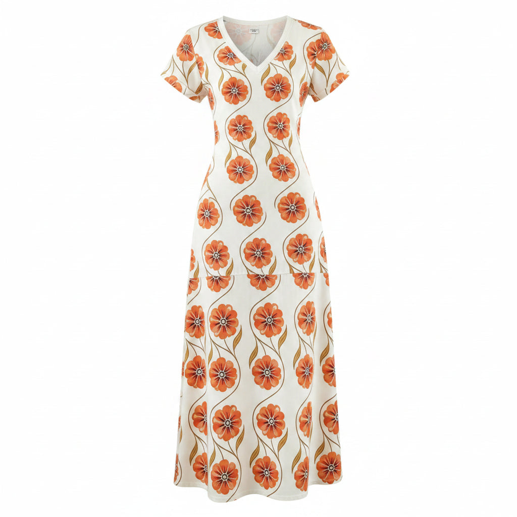 Women's Bohemian Floral Long Dress, V-Neck, Short Sleeve, Side Slit, Casual, for Beach and Travel