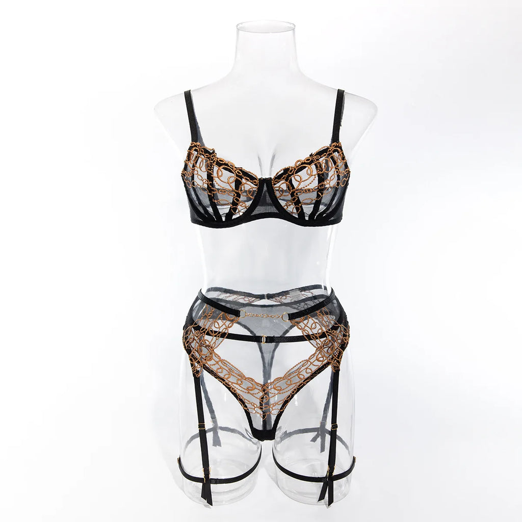 Toucheart 4-teiliges Dessous-Set, Gold und Schwarz Spitze