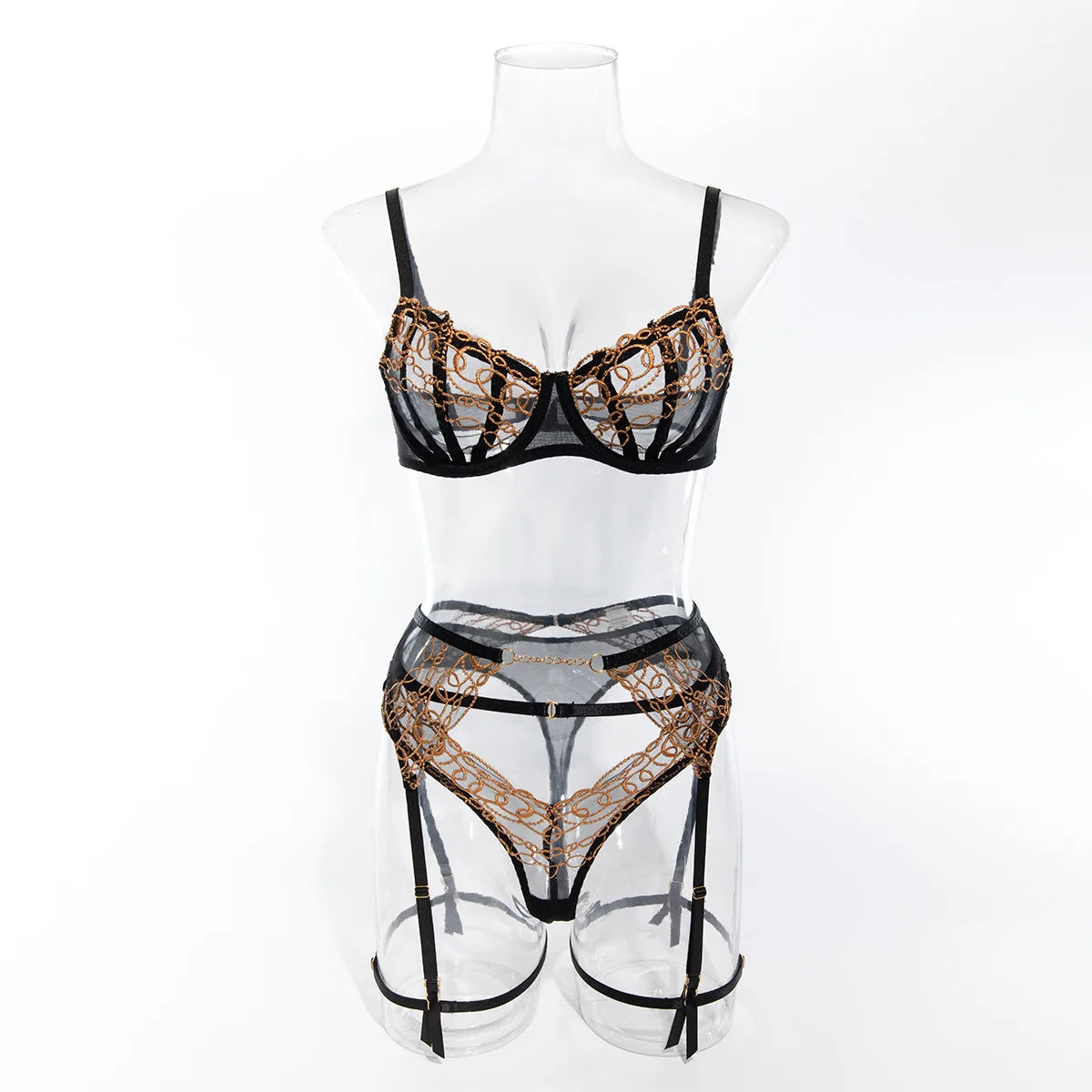 Toucheart 4-teiliges Dessous-Set, Gold und Schwarz Spitze