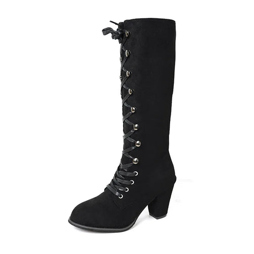 Botte femme mi-mollet lacets croisés talon carré