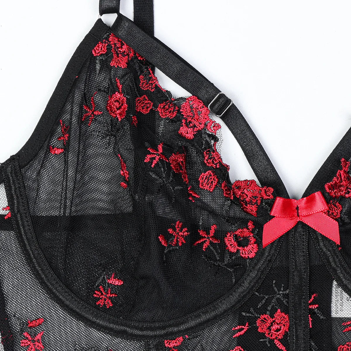 Diccvicc Korsett-Set mit floraler Spitze, Bandagen-Dessous, Schwarz Rot