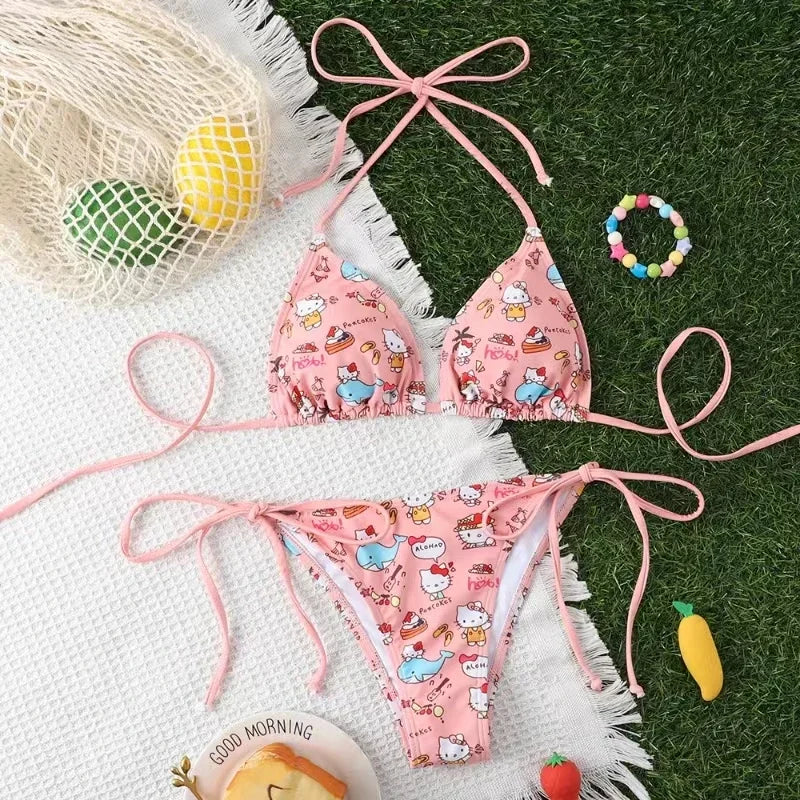Kawaii Cosplay Two-Piece Bikini with Cat Print – Kuromi Y2K