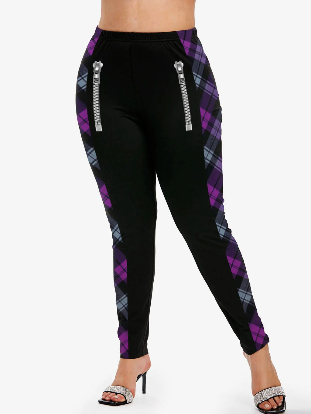 Gothic Leggings in Übergröße 5XL, bedruckte Schnallen, 3D-Reißverschluss, Pink