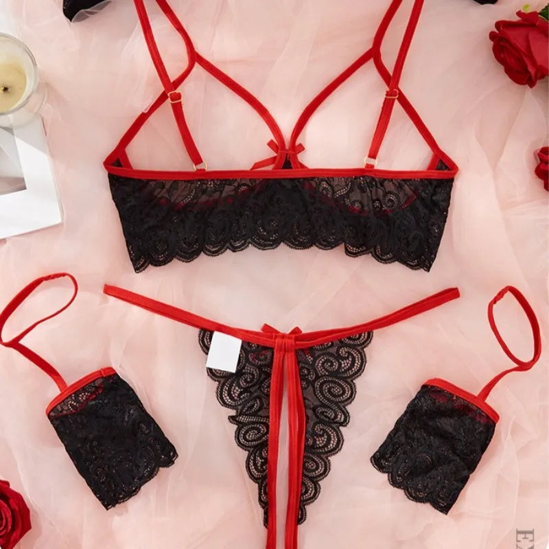 Tornova Lingerie Spitzen-Schleifen-Strumpfband Schwarz Rot