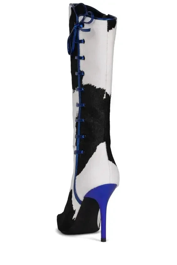 Halbhohe Stiefel, weißes und schwarzes Leder, seitlicher Reißverschluss, blau