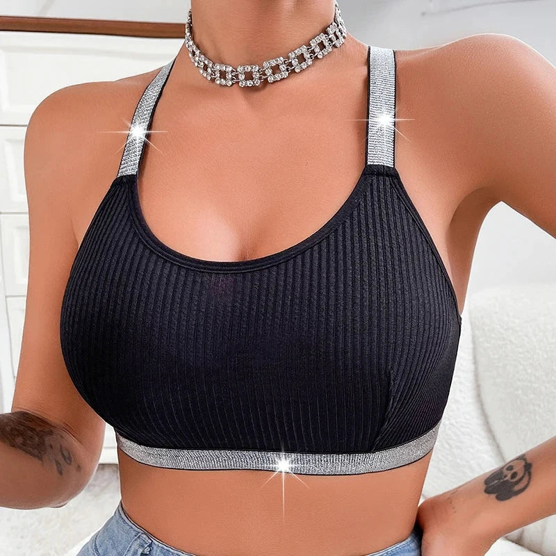 Schwarzes, geripptes Push-up-Bralette mit offenem Rücken und silbernen Trägern