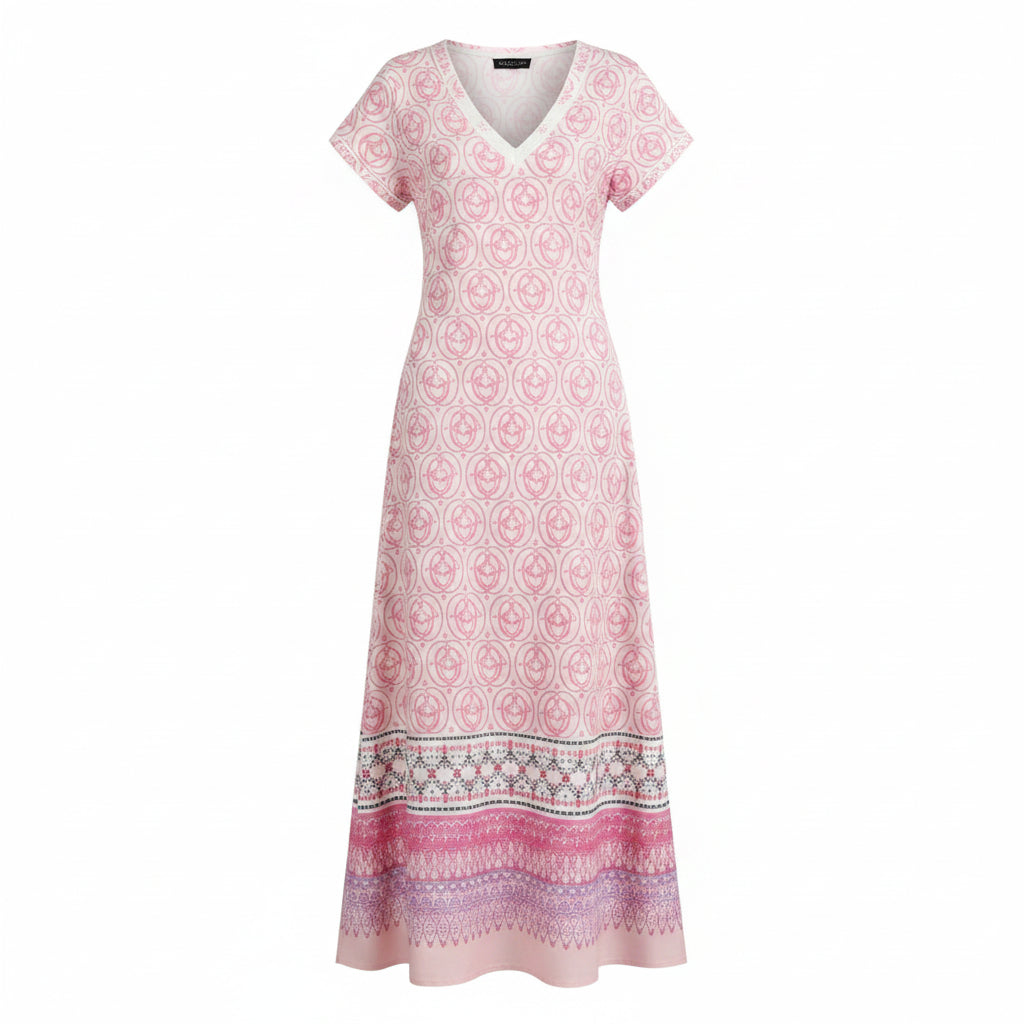 Women's Bohemian Floral Long Dress, V-Neck, Short Sleeve, Side Slit, Casual, for Beach and Travel