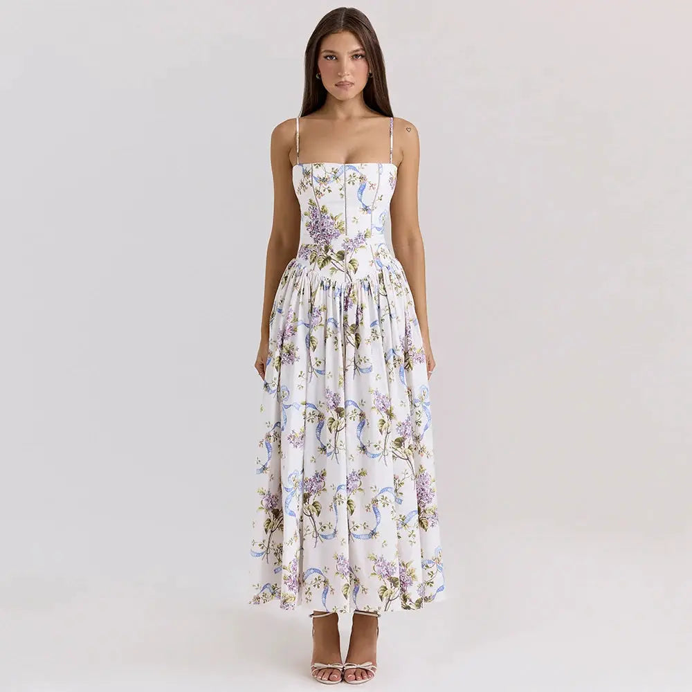 Mingmingxi Sommerkleid mit elegantem Blumenmuster, Neuheiten 2025, Spaghetti-Träger, ausgestelltes Maxikleid, Urlaub, Partykleider für Damen