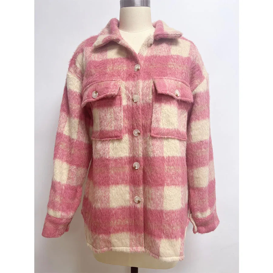 Manteau Plaid Mohair Laine Épais Femme Automne Hiver