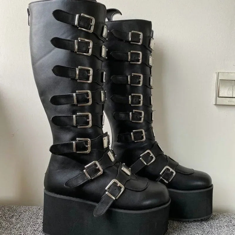 Bottes Cosplay Gothiques En Cuir À Boucles Plateforme