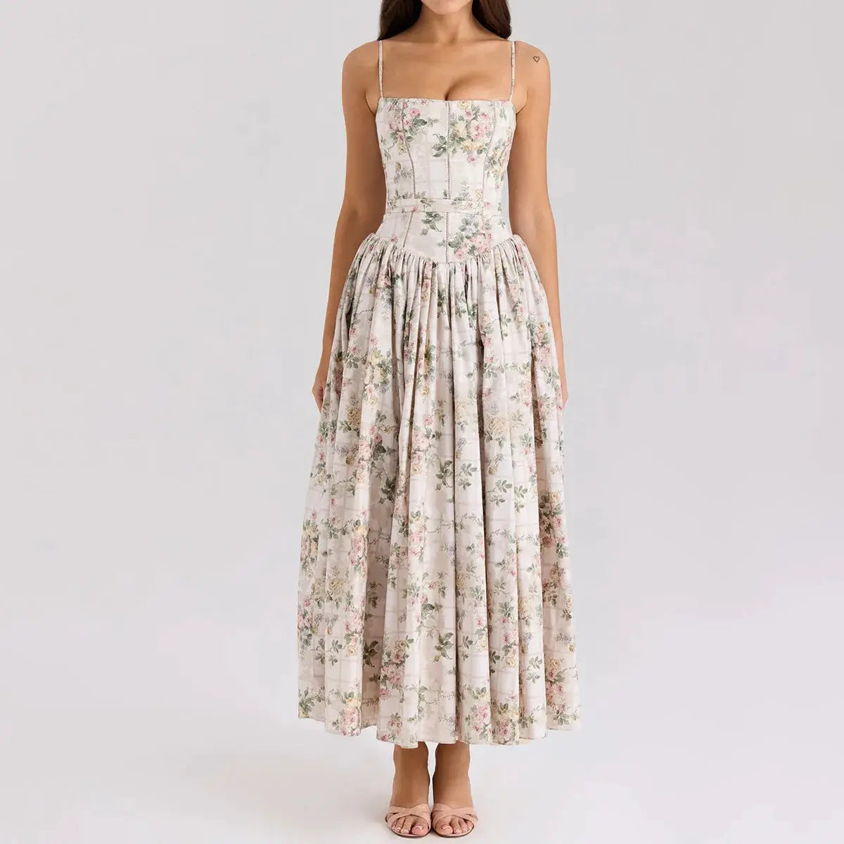 Mingmingxi Sommerkleid mit elegantem Blumenmuster, Neuheiten 2025, Spaghetti-Träger, ausgestelltes Maxikleid, Urlaub, Partykleider für Damen