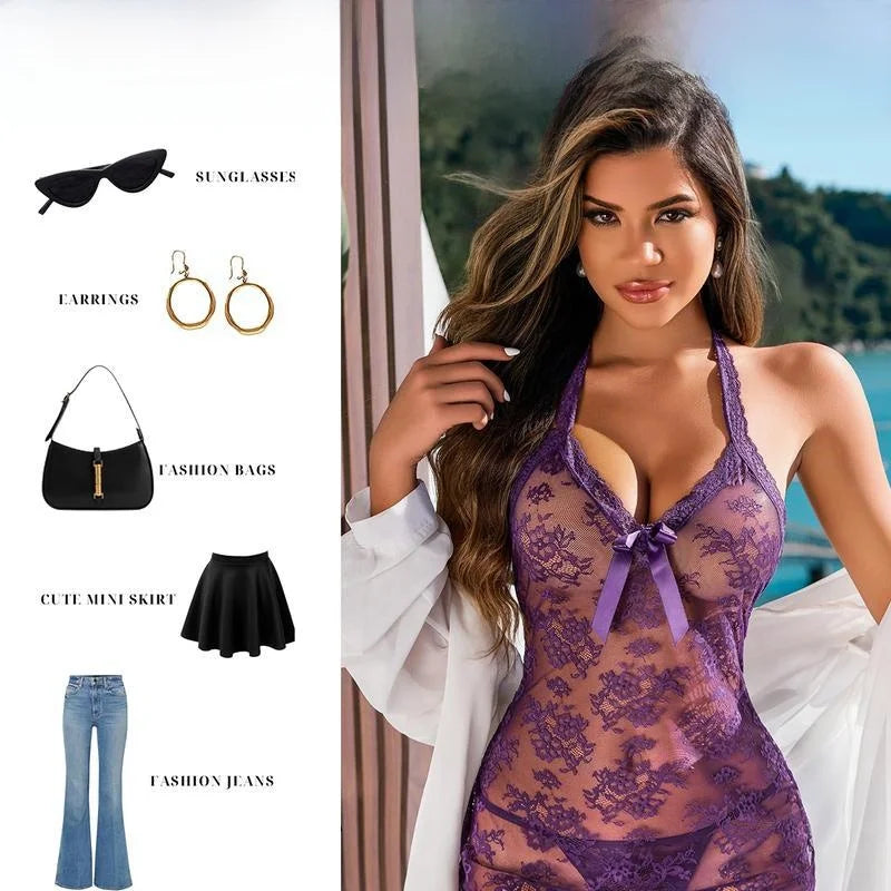 Transparente schwarze Spitzen-Dessous-Bluse mit Neckholder-Perlen