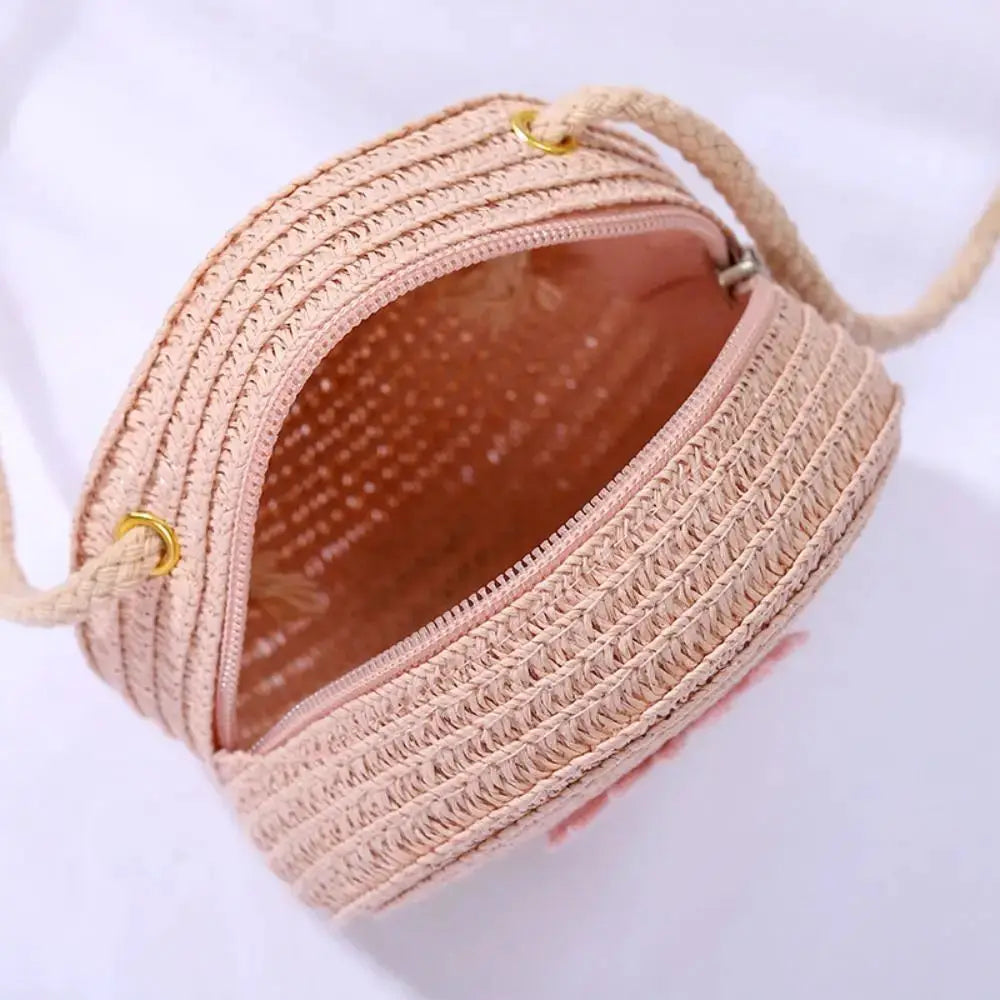 Sac à main rond en paille tressée – Motifs bonbons – Bandoulière fait main