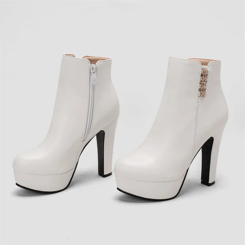 Damen-Stiefeletten mit Kristallblumenmuster, hohem Absatz und Reißverschluss für den Winter