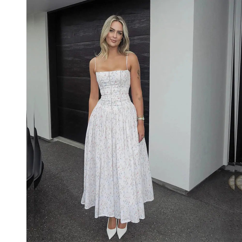 Mingmingxi Sommerkleid mit elegantem Blumenmuster, Neuheiten 2025, Spaghetti-Träger, ausgestelltes Maxikleid, Urlaub, Partykleider für Damen