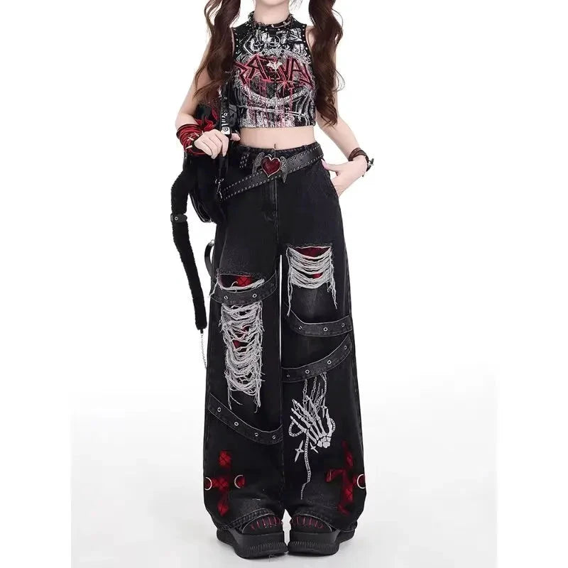 Schwarze Damen-Jeans, amerikanischer Stil, lässiger Used-Look