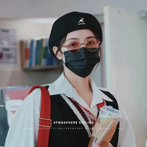 Béret En Laine Noir Motif Étoiles Tricot Été Fin Unisexe