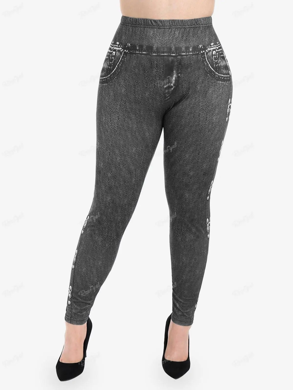 Gothic Leggings in Übergröße 5XL, bedruckte Schnallen, 3D-Reißverschluss, Pink