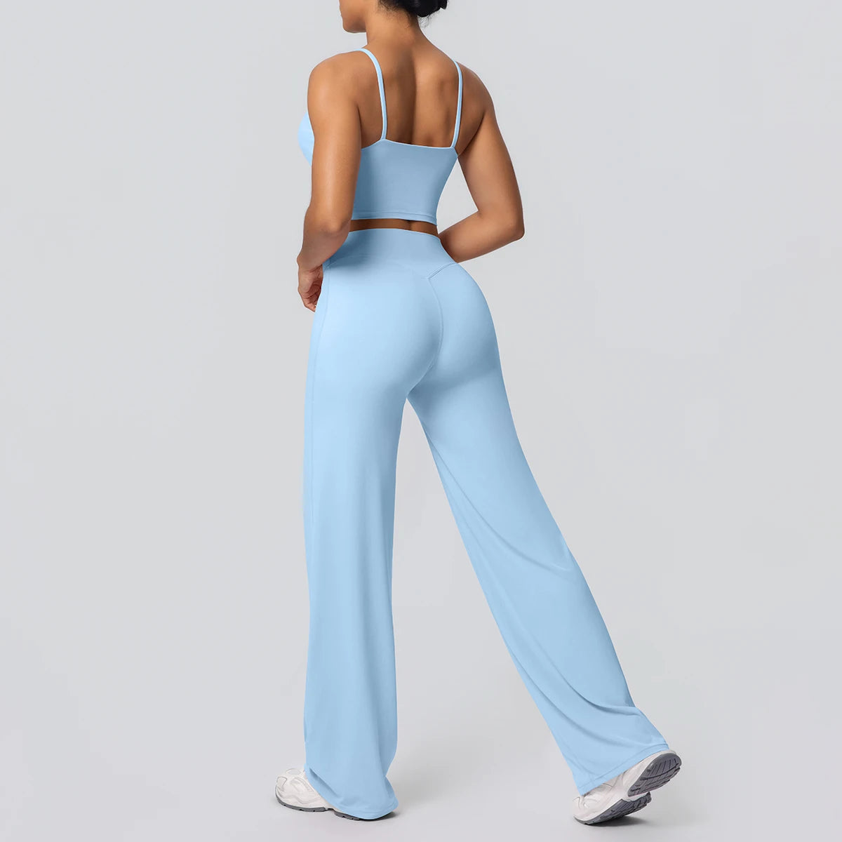 Ensemble Sport Femme Bleu Clair Dos Nu Bretelles Pantalon Taille Haute